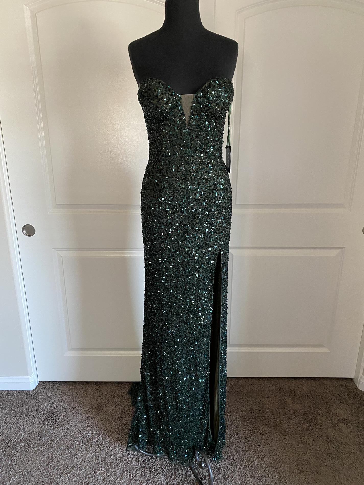 Rene-the-Label Size 4 Prom Strapless Sequined Emerald Green Side Slit Dress on Queenly