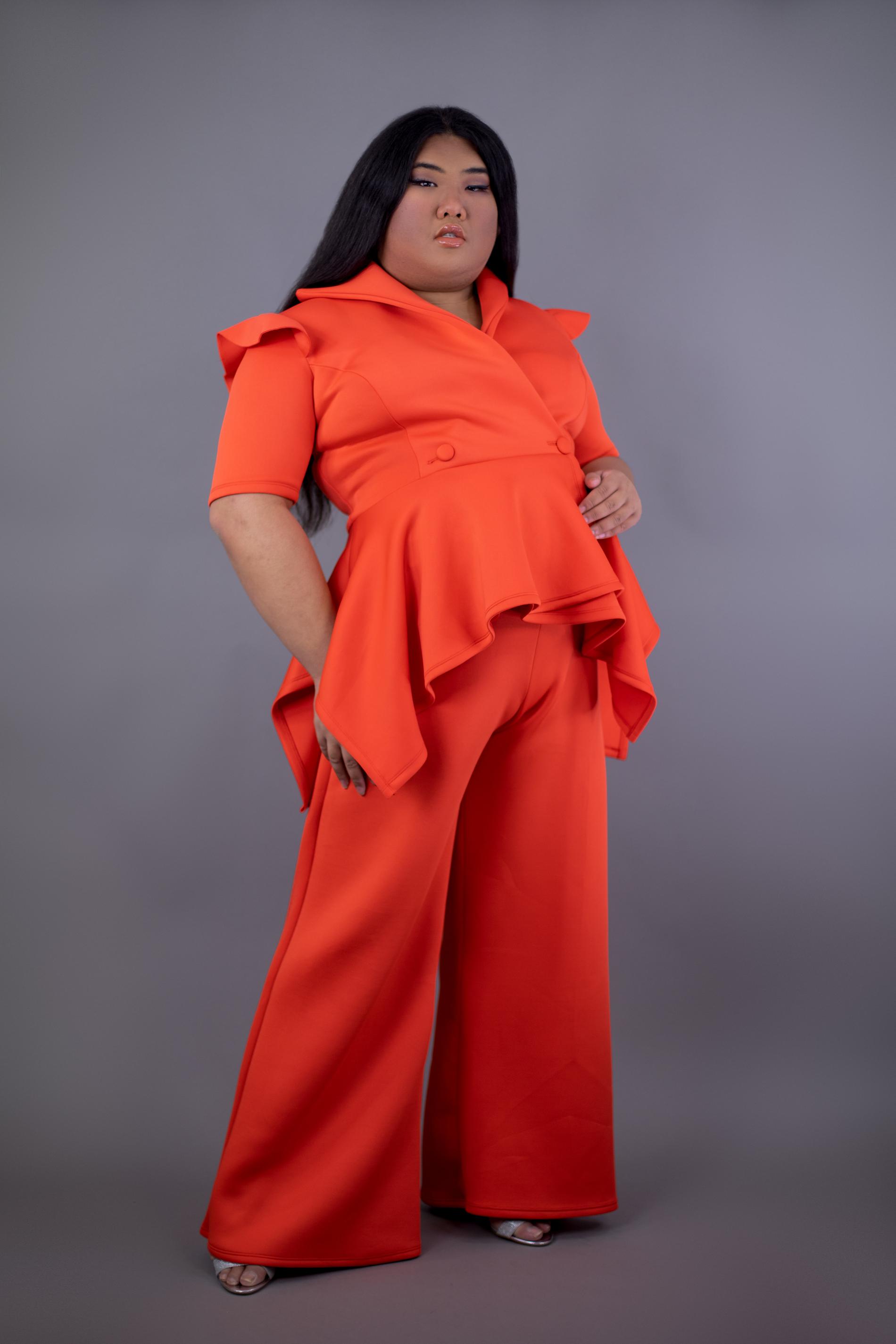 WOWWEAR Plus Size 22 Pageant Interview High Neck Red Formal Jumpsuit on Queenly