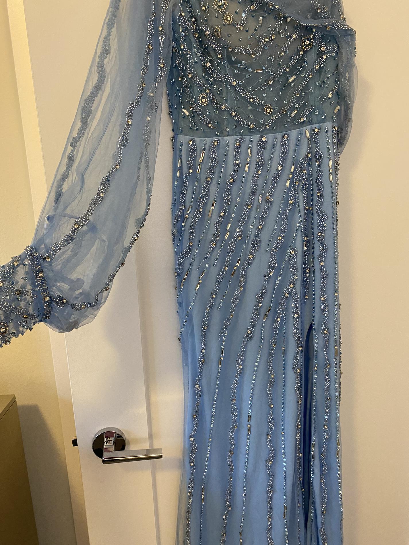 Size 4 Prom One Shoulder Sequined Light Blue Side Slit Dress on Queenly