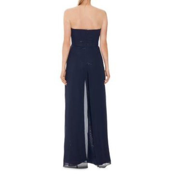 Halston Heritage Size 0 Wedding Guest Strapless Sheer Navy Blue Formal Jumpsuit on Queenly