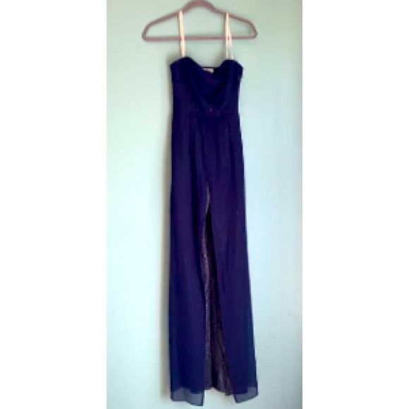 Halston Heritage Size 0 Wedding Guest Strapless Sheer Navy Blue Formal Jumpsuit on Queenly