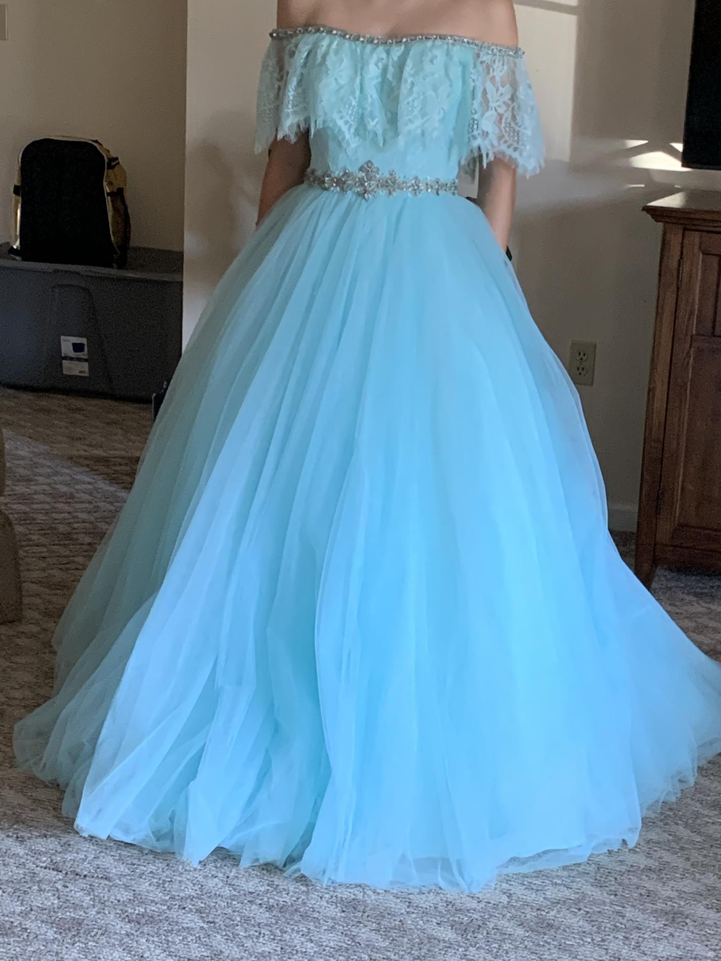 MoriLee Size 2 Prom Off The Shoulder Lace Turquoise Blue Ball Gown on Queenly