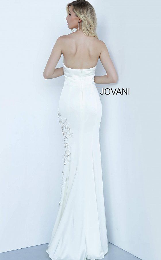 Jovani White Size 8 Boat Neck Strapless Prom Side slit Dress on Queenly