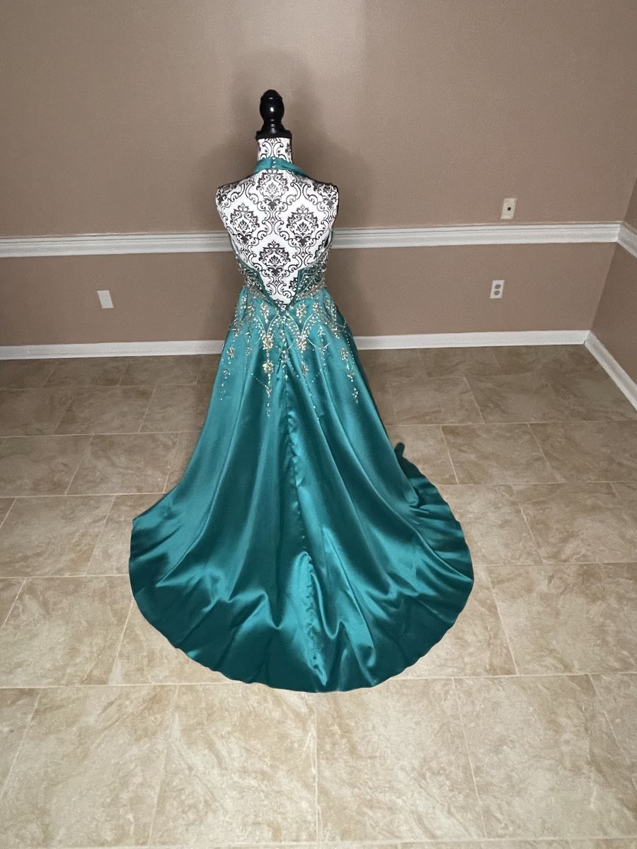 Tiffany Designs Size 0 Prom Halter Sequined Green Ball Gown on Queenly