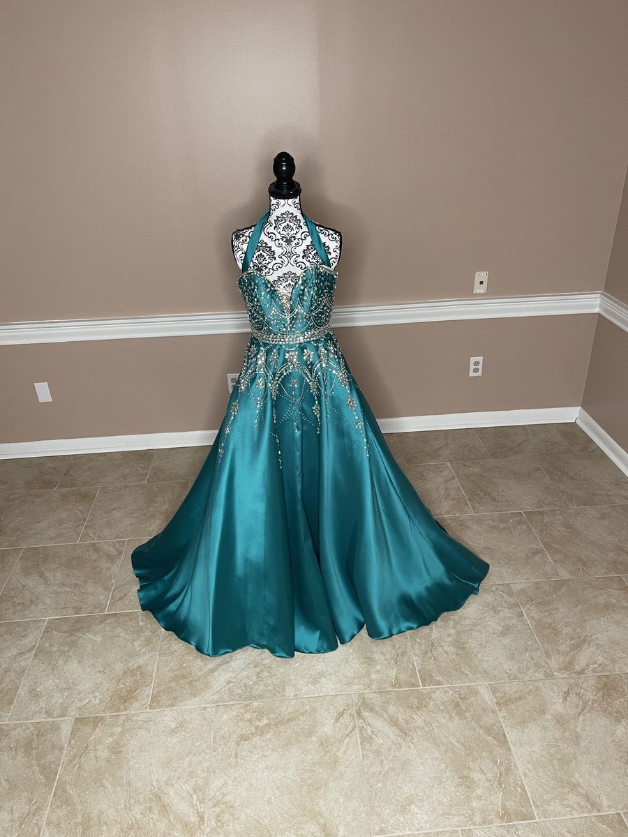 Tiffany Designs Size 0 Prom Halter Sequined Green Ball Gown on Queenly