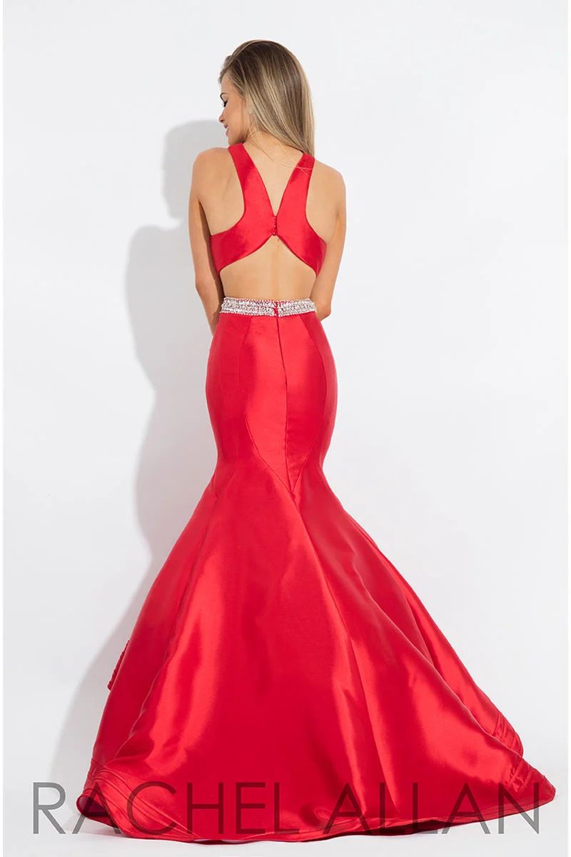 Style 7593 Rachel Allan Size 8 Prom Halter Satin Red Mermaid Dress on Queenly