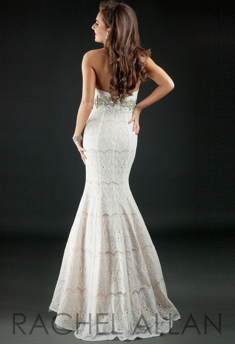 Style 7138RA Rachel Allan White Size 6 Tall Height Nude Strapless Prom Mermaid Dress on Queenly