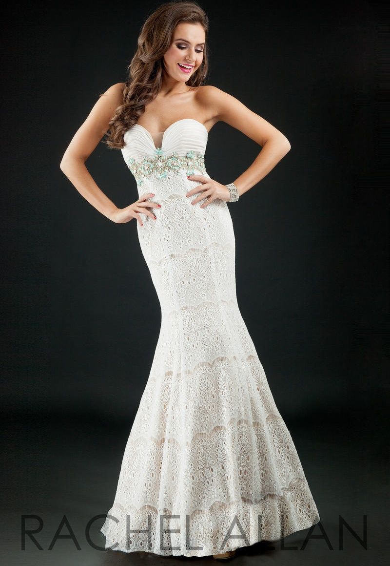 Style 7138RA Rachel Allan White Size 6 Tall Height Nude Strapless Prom Mermaid Dress on Queenly