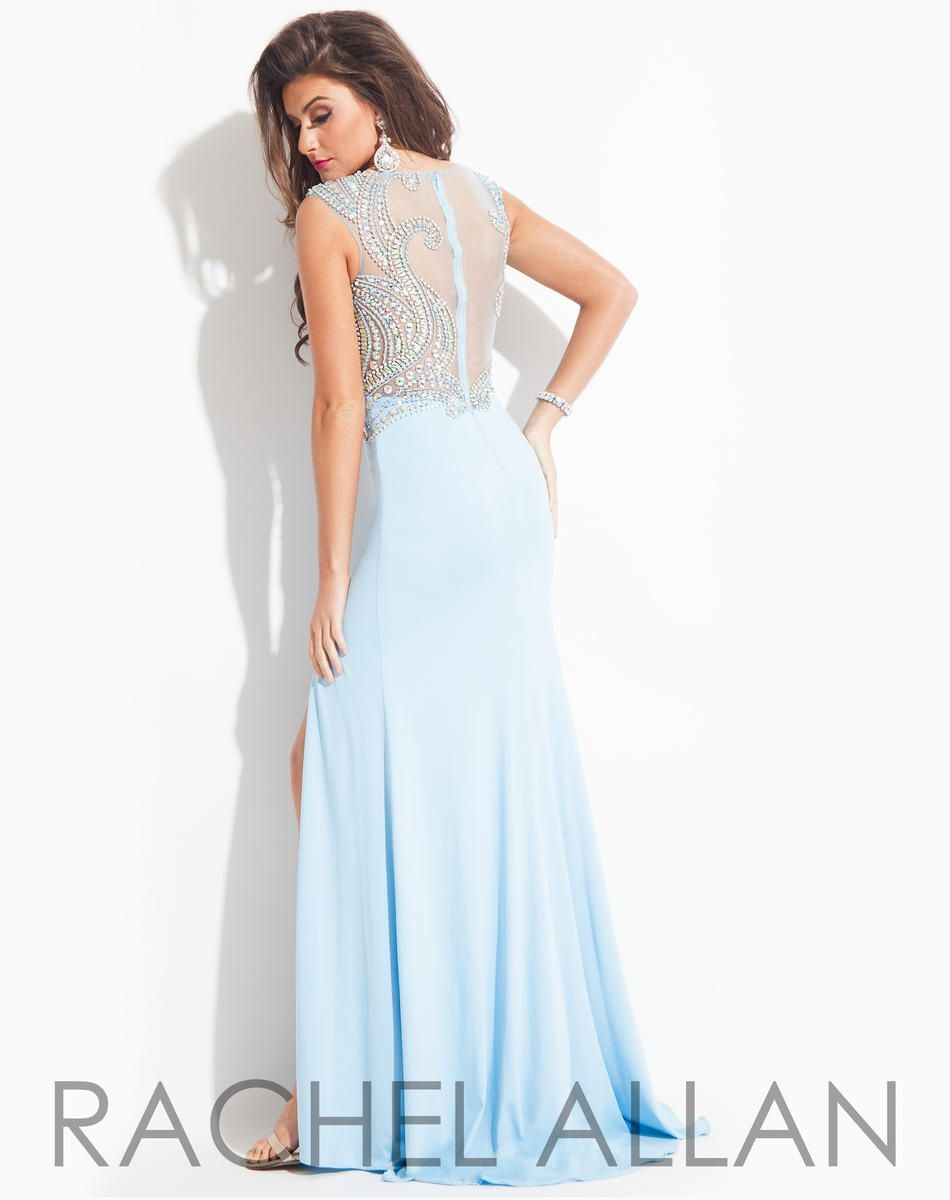 Style 6902 Rachel Allan Size 14 Prom Sheer Light Blue Side Slit Dress on Queenly