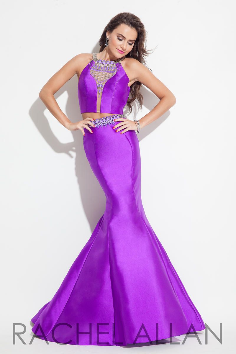 Style 7254RA Rachel Allan Size 4 Prom Halter Satin Purple Mermaid Dress on Queenly