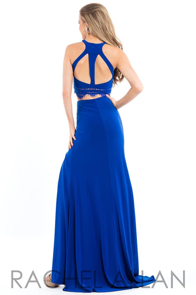 Style 2124 Rachel Allan Size 8 Prom Halter Lace Royal Blue Side Slit Dress on Queenly