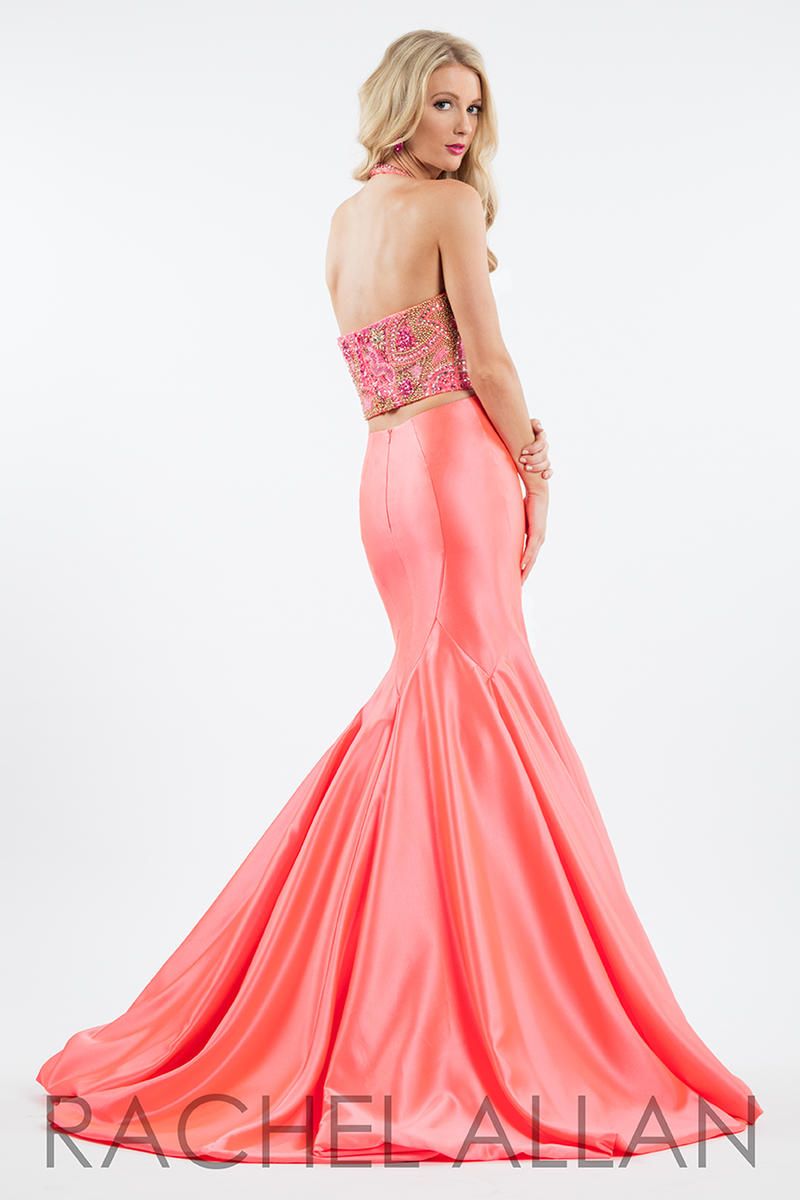 Style 7670 Rachel Allan Size 8 Prom Satin Coral Mermaid Dress on Queenly