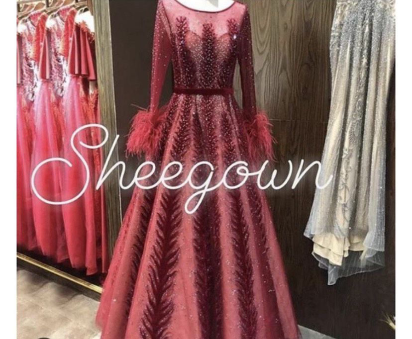 Size 6 Prom Long Sleeve Sequined Burgundy Multicolor Ball Gown on Queenly