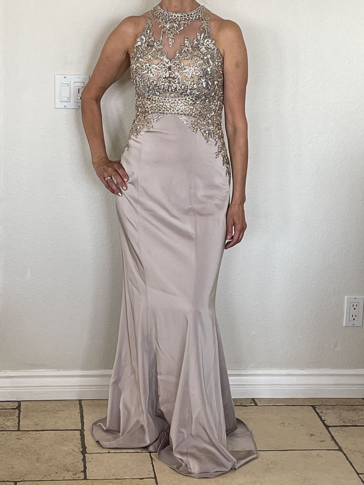 CACHET Silver Size 4 Sheer Prom Straight Dress on Queenly