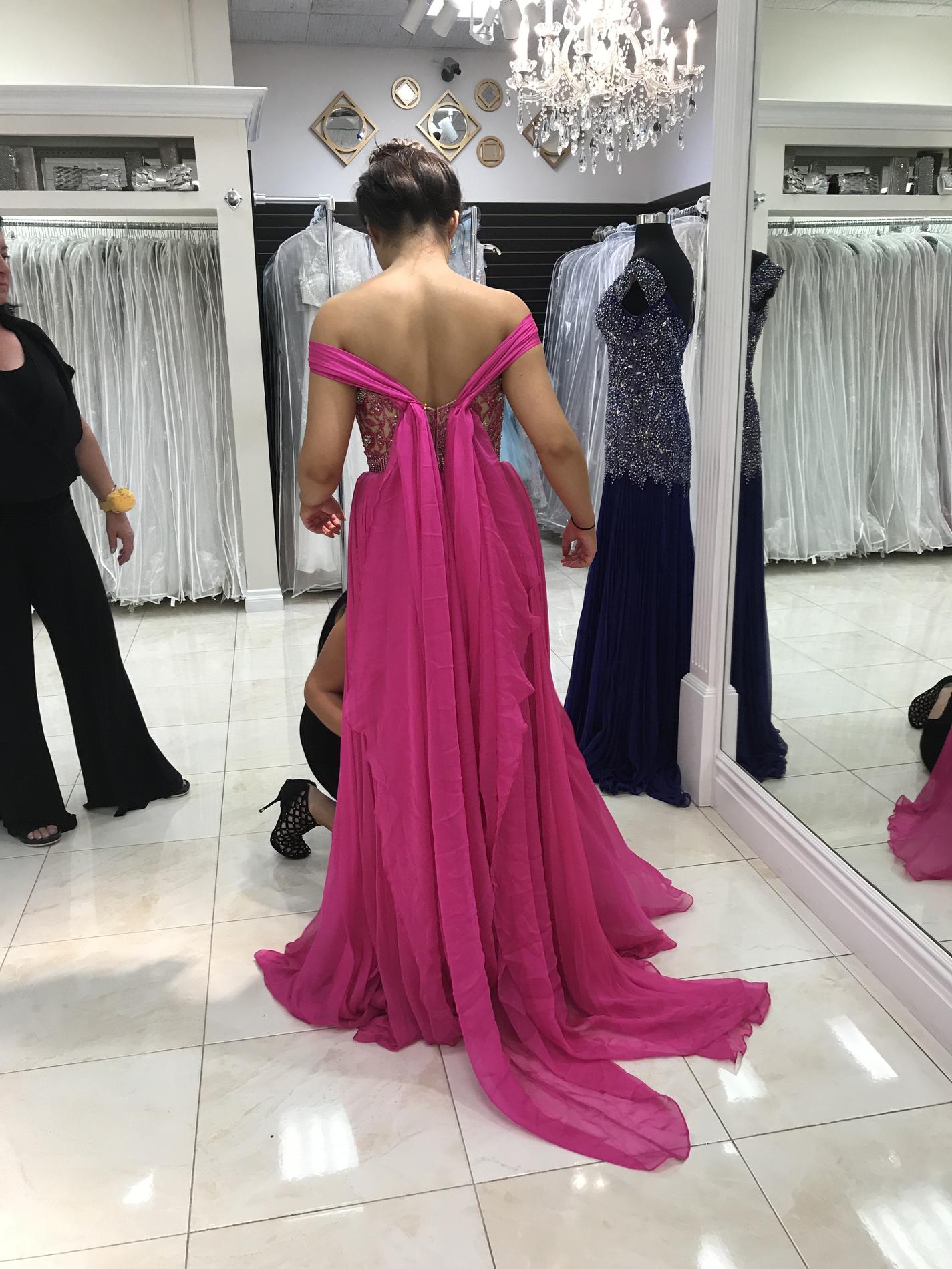 Sherri Hill Size 6 Prom Off The Shoulder Lace Hot Pink Floor Length Maxi on Queenly