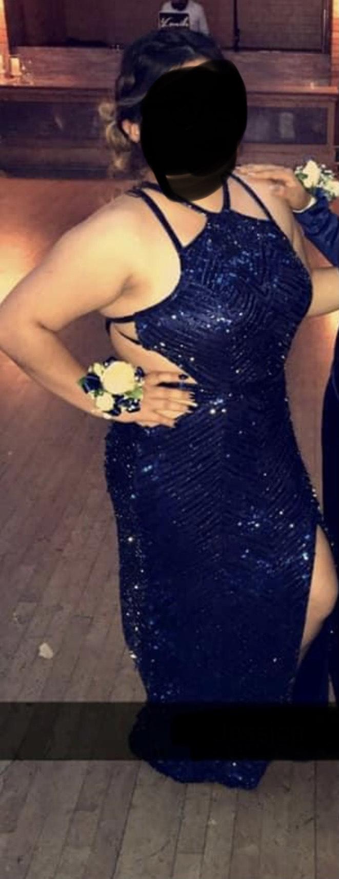 Size 14 Prom Sequined Navy Blue Side Slit Dress on Queenly
