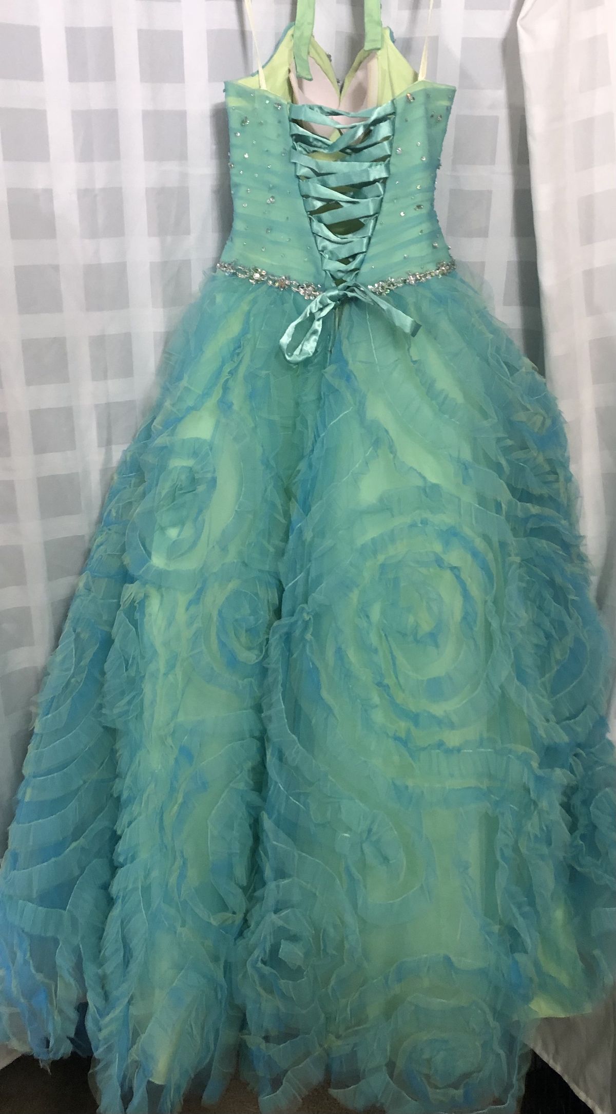 MoriLee Size 6 Prom Halter Sequined Turquoise Multicolor Ball Gown on Queenly