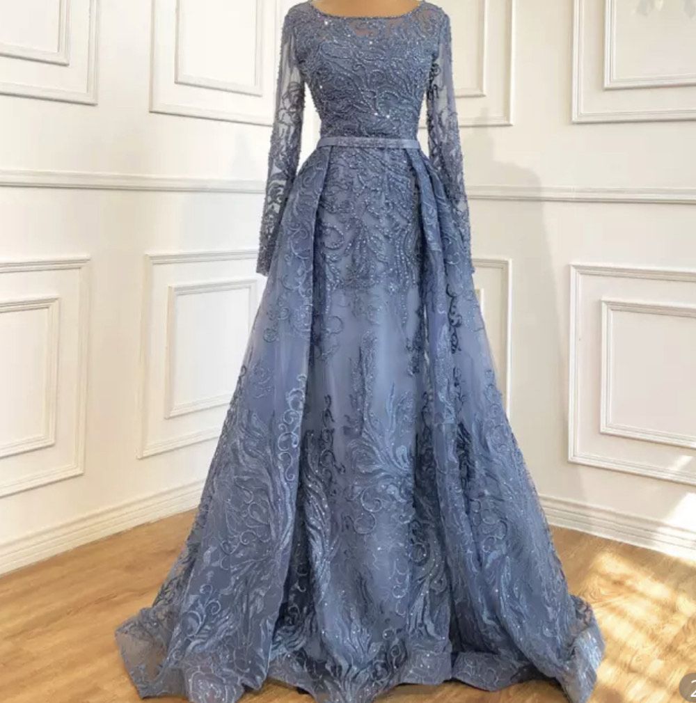 Size 10 Prom Long Sleeve Sequined Light Blue Ball Gown on Queenly