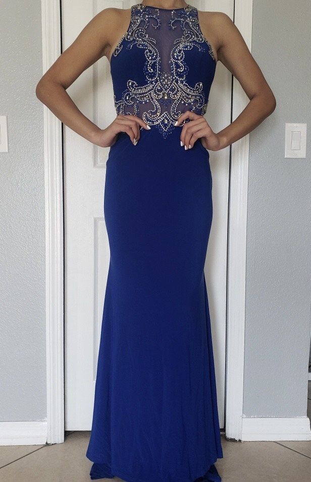 Camille La Vie Size 6 Prom High Neck Royal Blue Mermaid Dress on Queenly