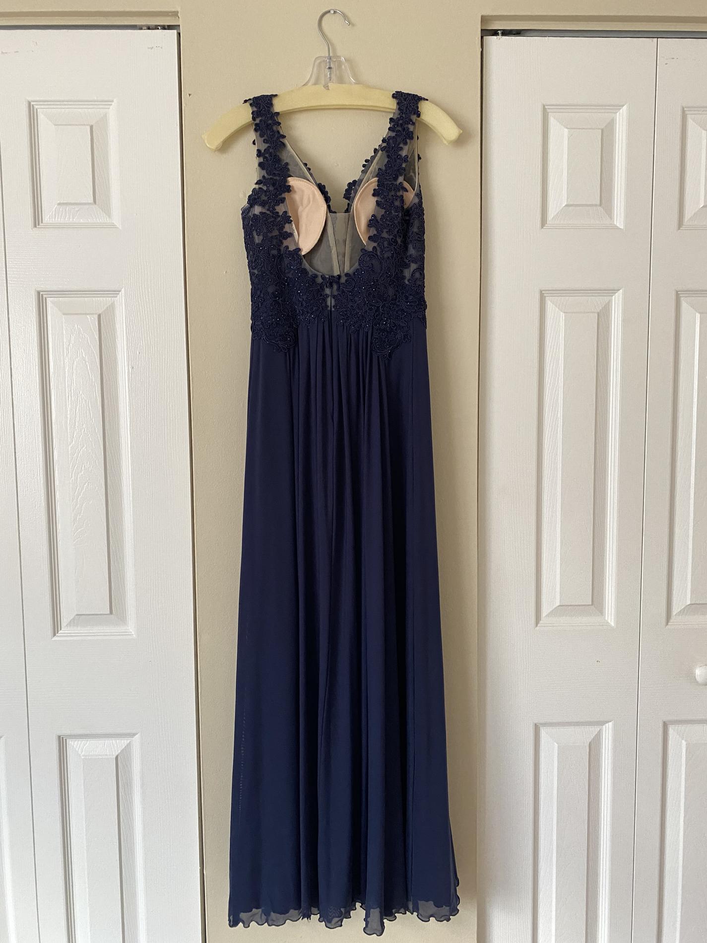 Sherri Hill Size 0 Bridesmaid Plunge Lace Navy Blue Floor Length Maxi on Queenly