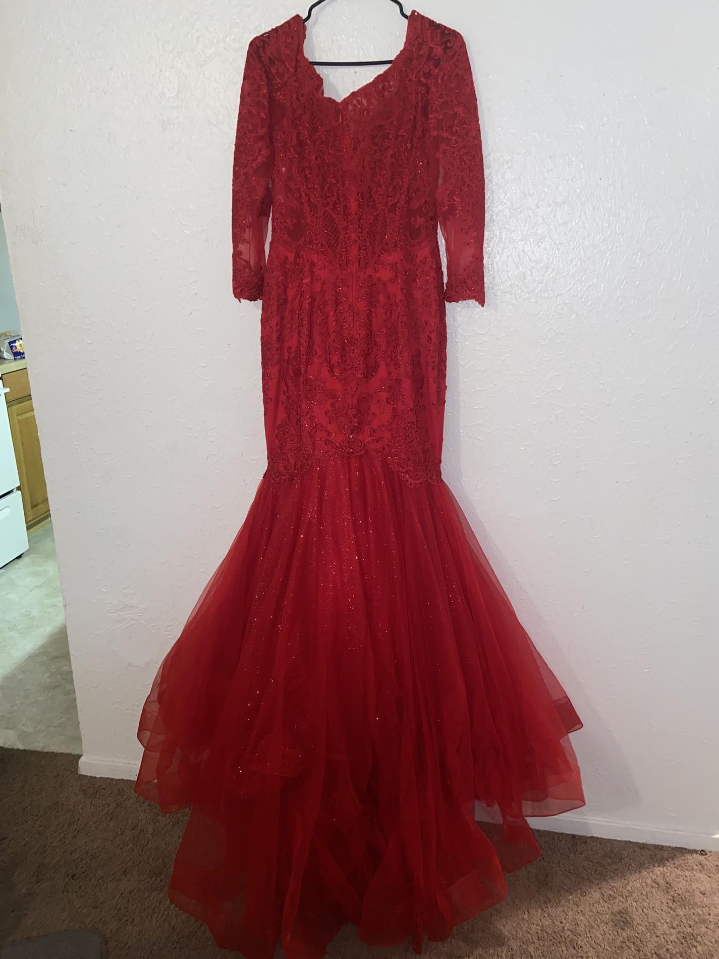 Size 6 Prom Long Sleeve Lace Red Mermaid Dress on Queenly