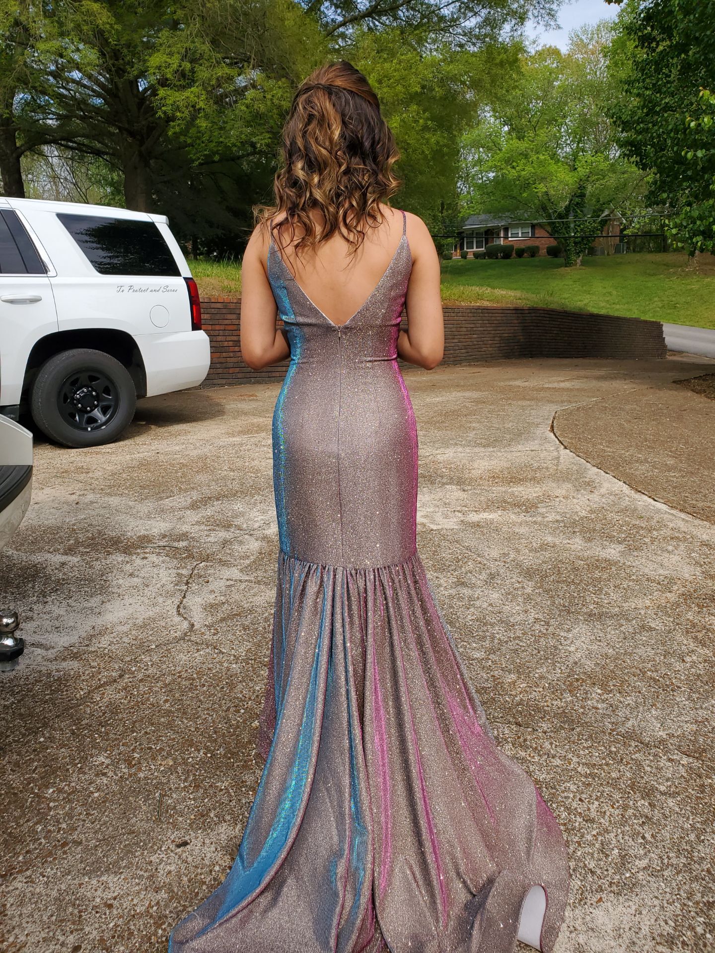 Madison James Size 4 Prom Plunge Sheer Multicolor Mermaid Dress on Queenly