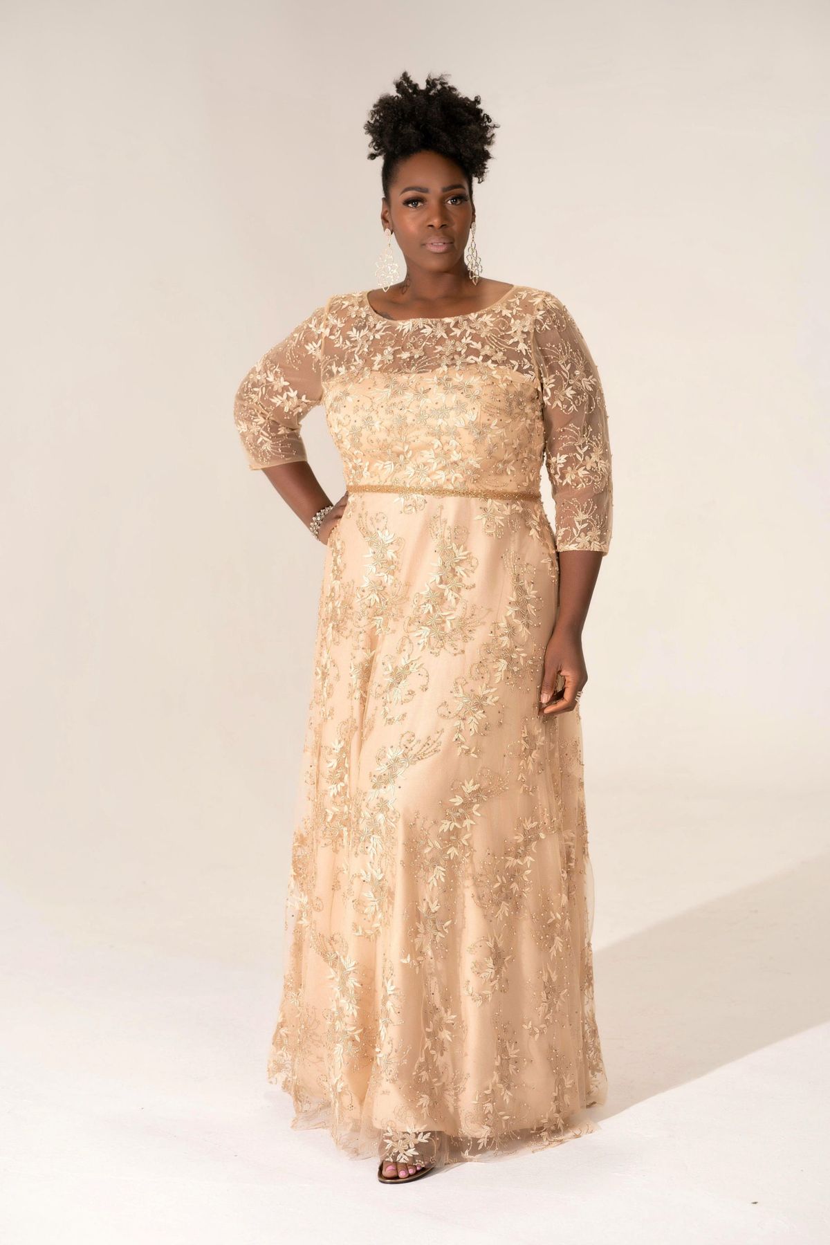Style Evelyn Socialite Fashions Plus Size 22 Prom Long Sleeve Sheer Gold Floor Length Maxi on Queenly