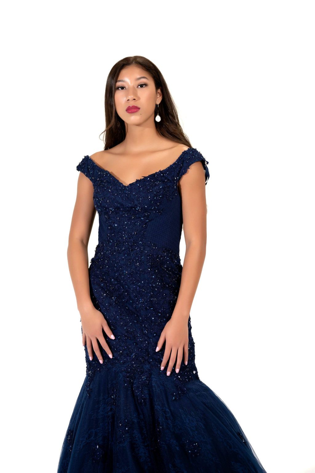 Style Penelope Socialite Fashions Size 6 Off The Shoulder Navy Blue Mermaid Dress on Queenly