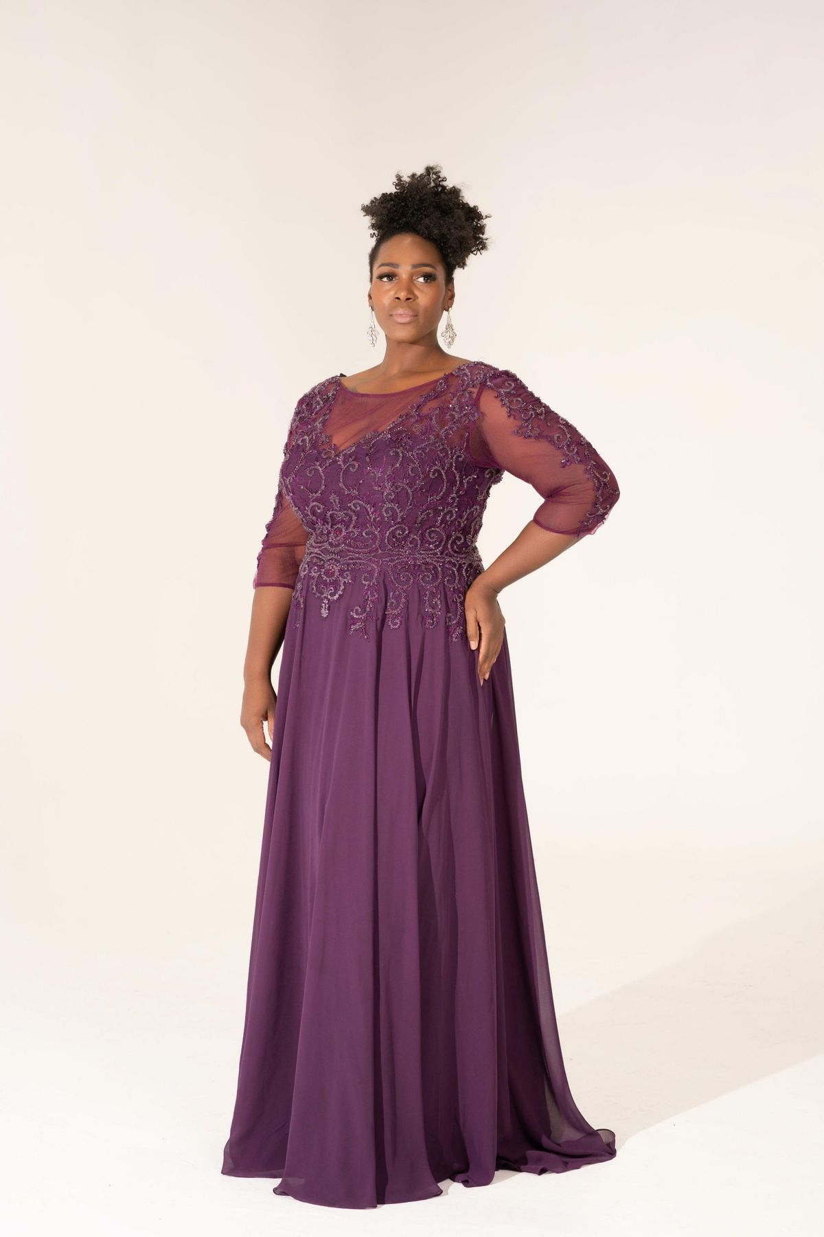 Style Oliva Socialite Fashions Plus Size 22 Prom Long Sleeve Purple A-line Dress on Queenly