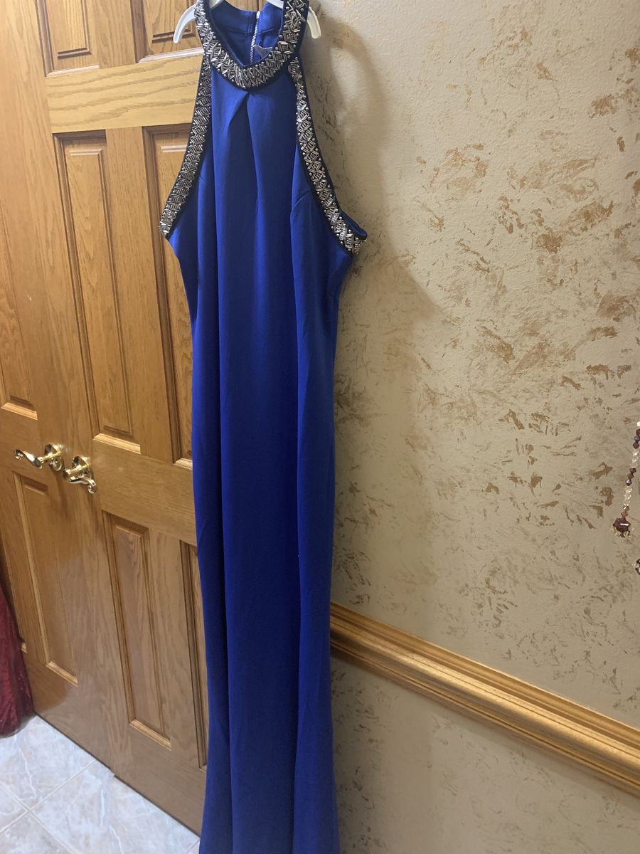 Size 12 Prom Halter Sequined Royal Blue Floor Length Maxi on Queenly