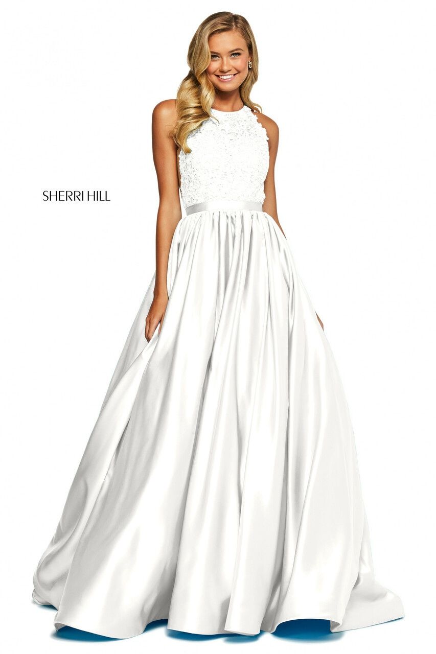 Style 53573 Sherri Hill Size 12 Wedding High Neck Lace White A-line Dress on Queenly