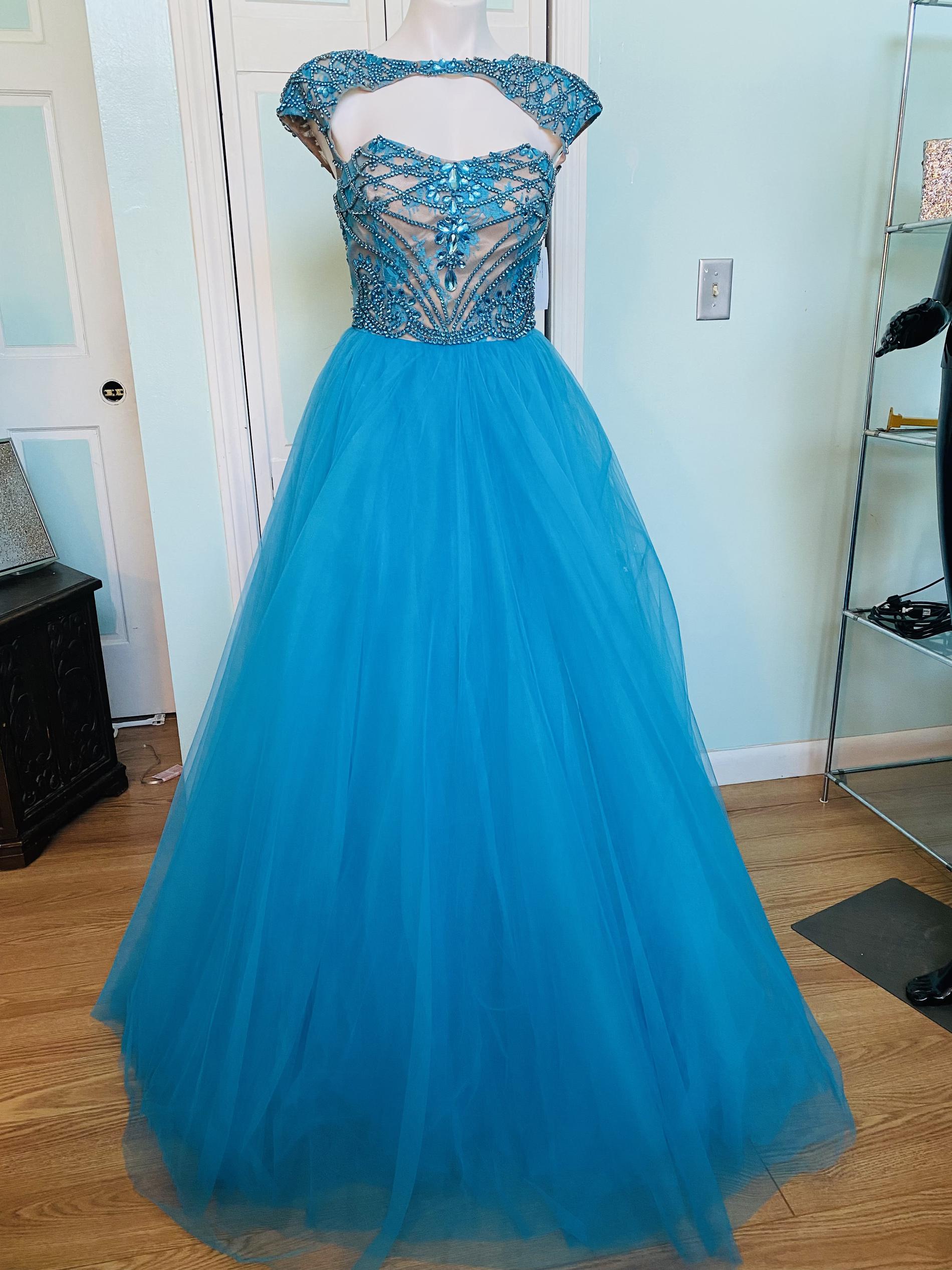 Sherri Hill Size 12 Prom Cap Sleeve Turquoise Blue Ball Gown on Queenly