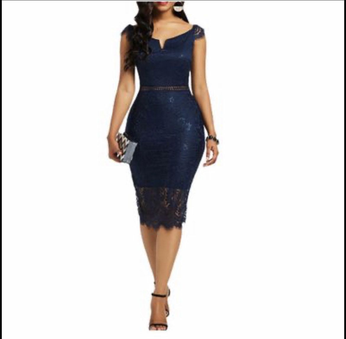 Size 10 Wedding Guest Cap Sleeve Lace Navy Blue Cocktail Dress on Queenly
