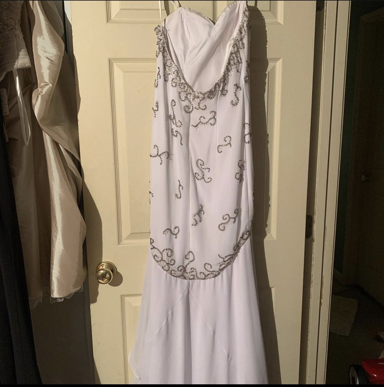 Size 6 Prom Sequined White Floor Length Maxi on Queenly