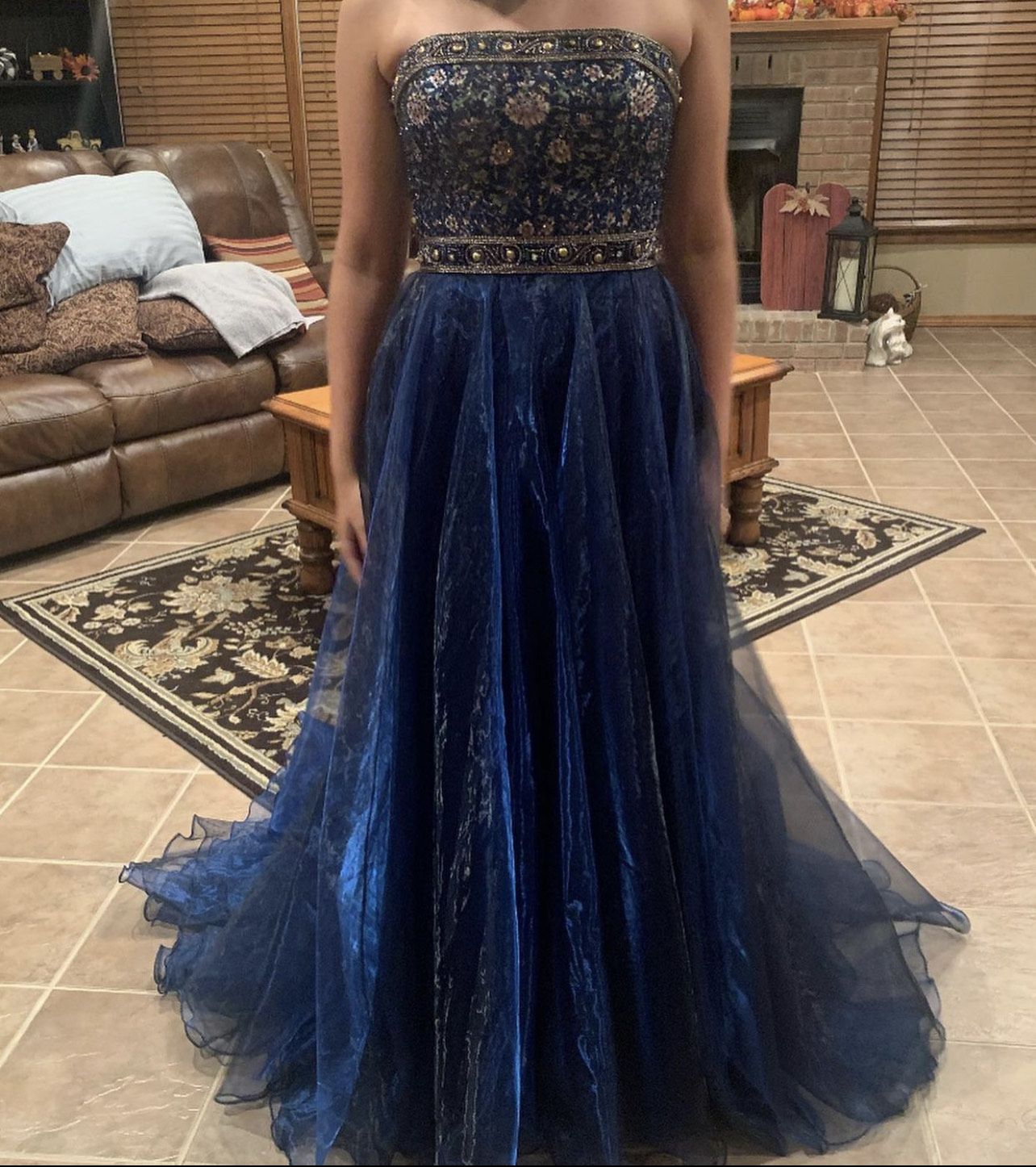 Size 8 Prom Sequined Navy Blue Ball Gown on Queenly