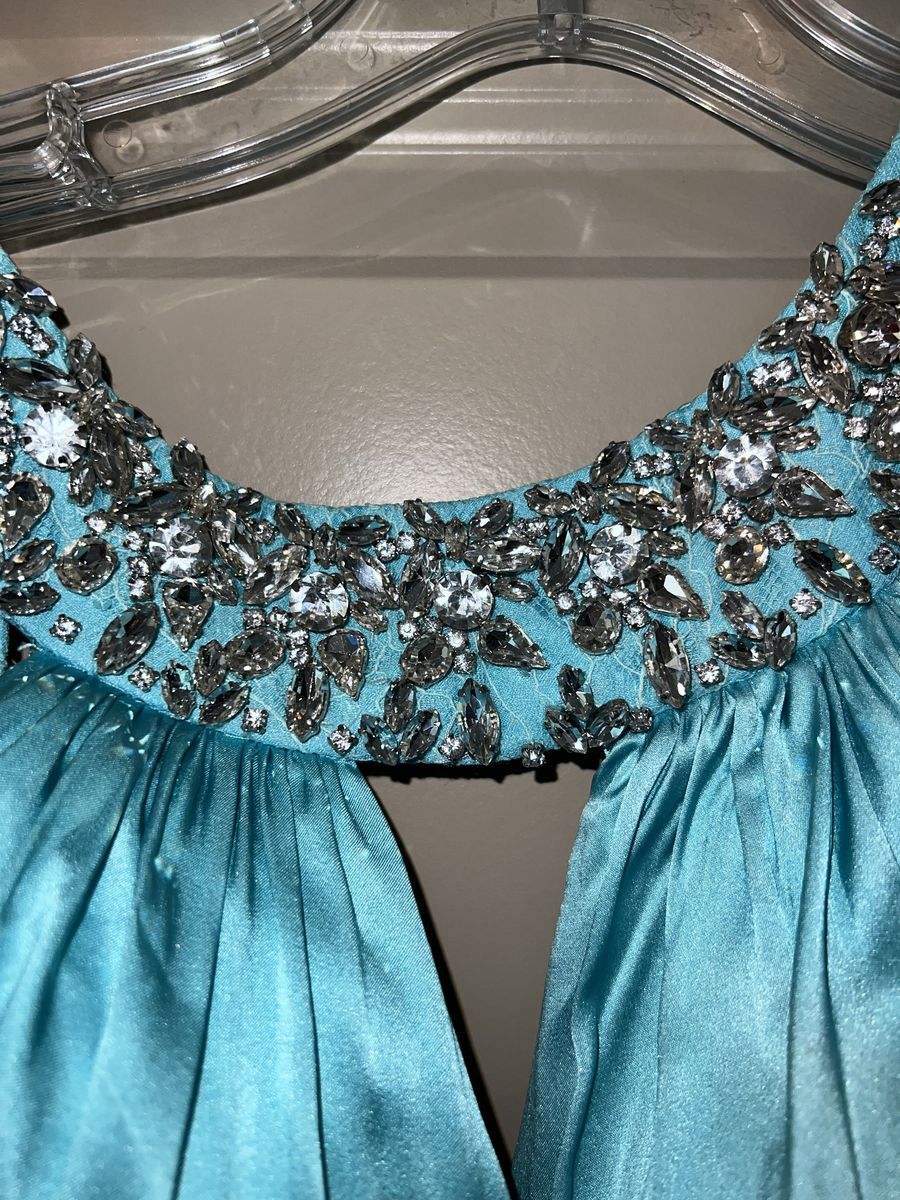 Sherri Hill Size 0 Prom Plunge Sequined Turquoise Blue A-line Dress on Queenly