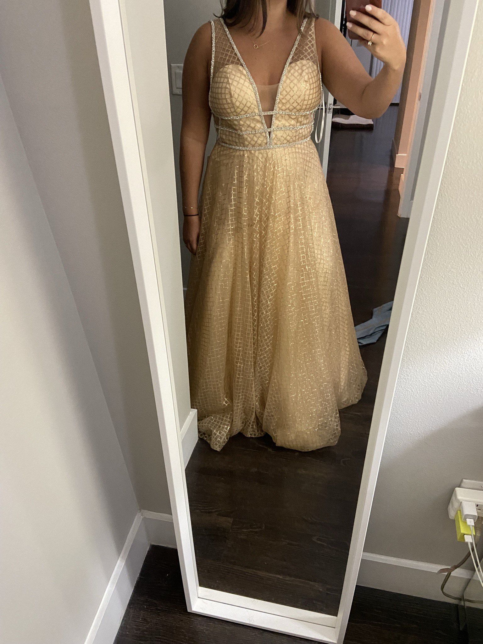 Mac Duggal Size 10 Plunge Sheer Gold A-line Dress on Queenly
