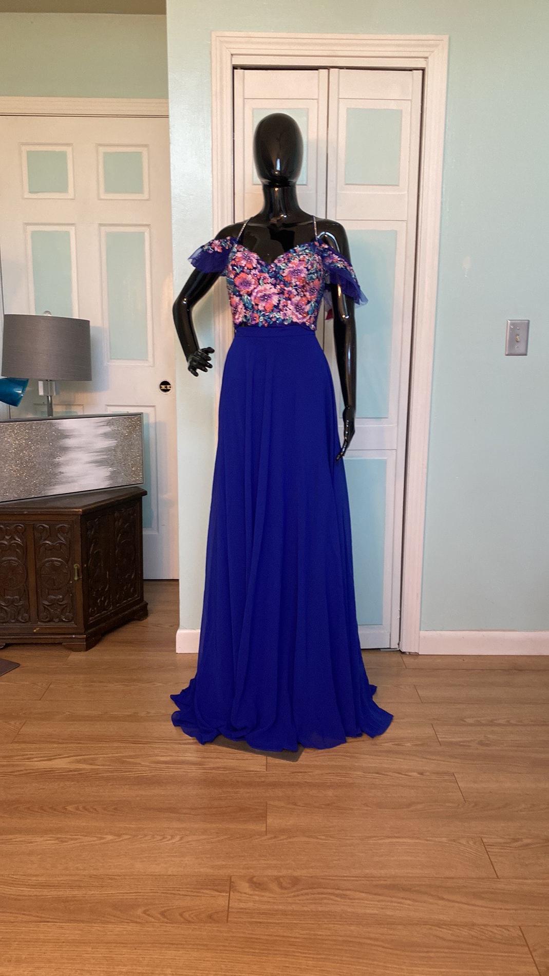 Ellie Wilde Size 12 Off The Shoulder Sequined Royal Blue A-line Dress on Queenly