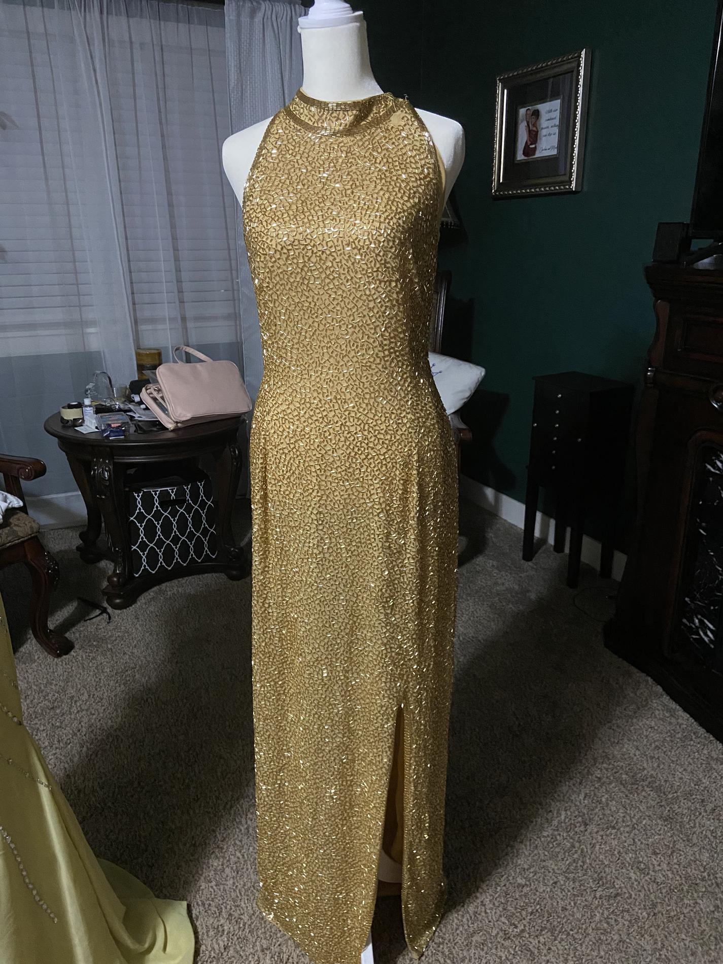 Silvia Ann Size 14 Prom Halter Gold Floor Length Maxi on Queenly