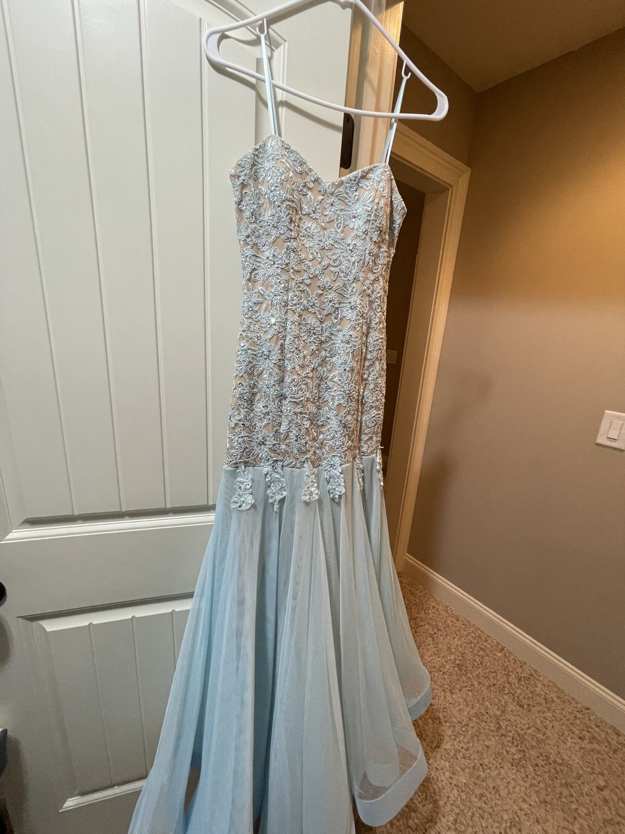 Size 4 Prom Strapless Lace Light Blue Mermaid Dress on Queenly