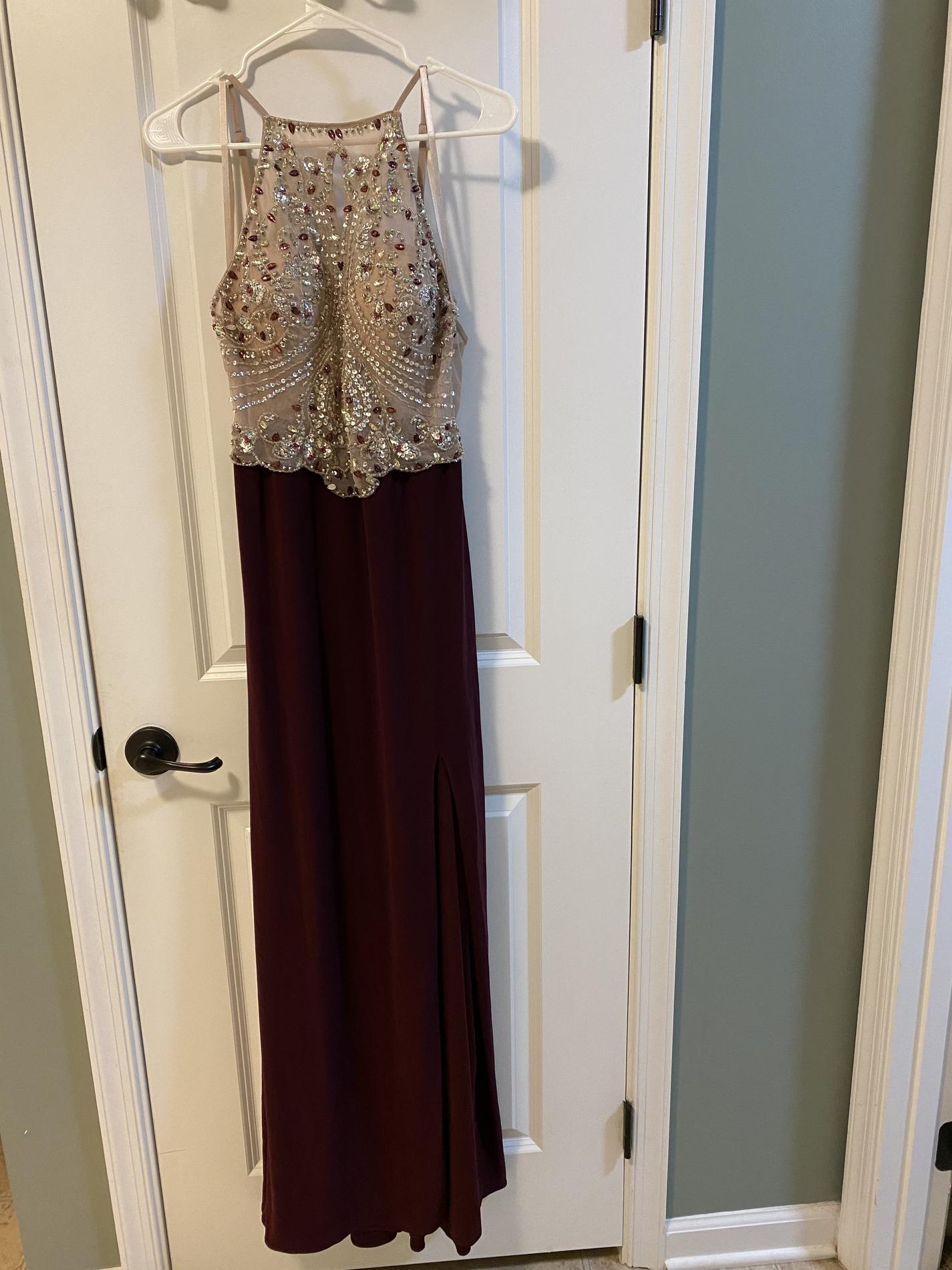 Size 14 Prom Burgundy Multicolor Side Slit Dress on Queenly