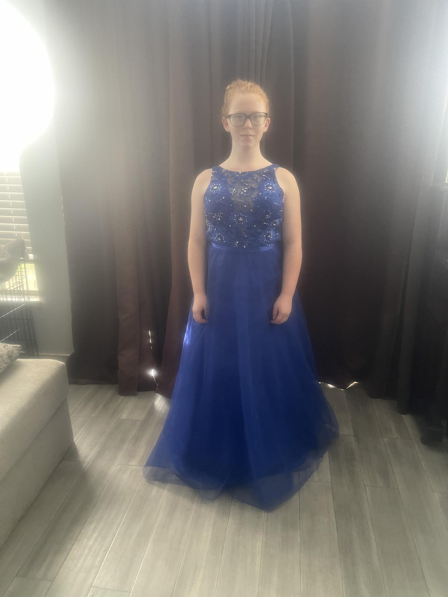 Size 6 Prom Sheer Royal Blue Ball Gown on Queenly
