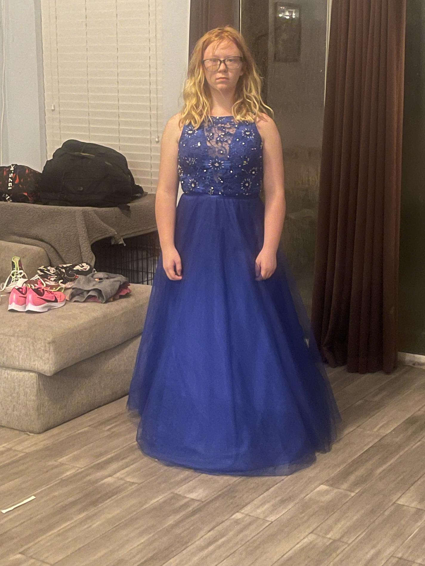Size 6 Prom Sheer Royal Blue Ball Gown on Queenly