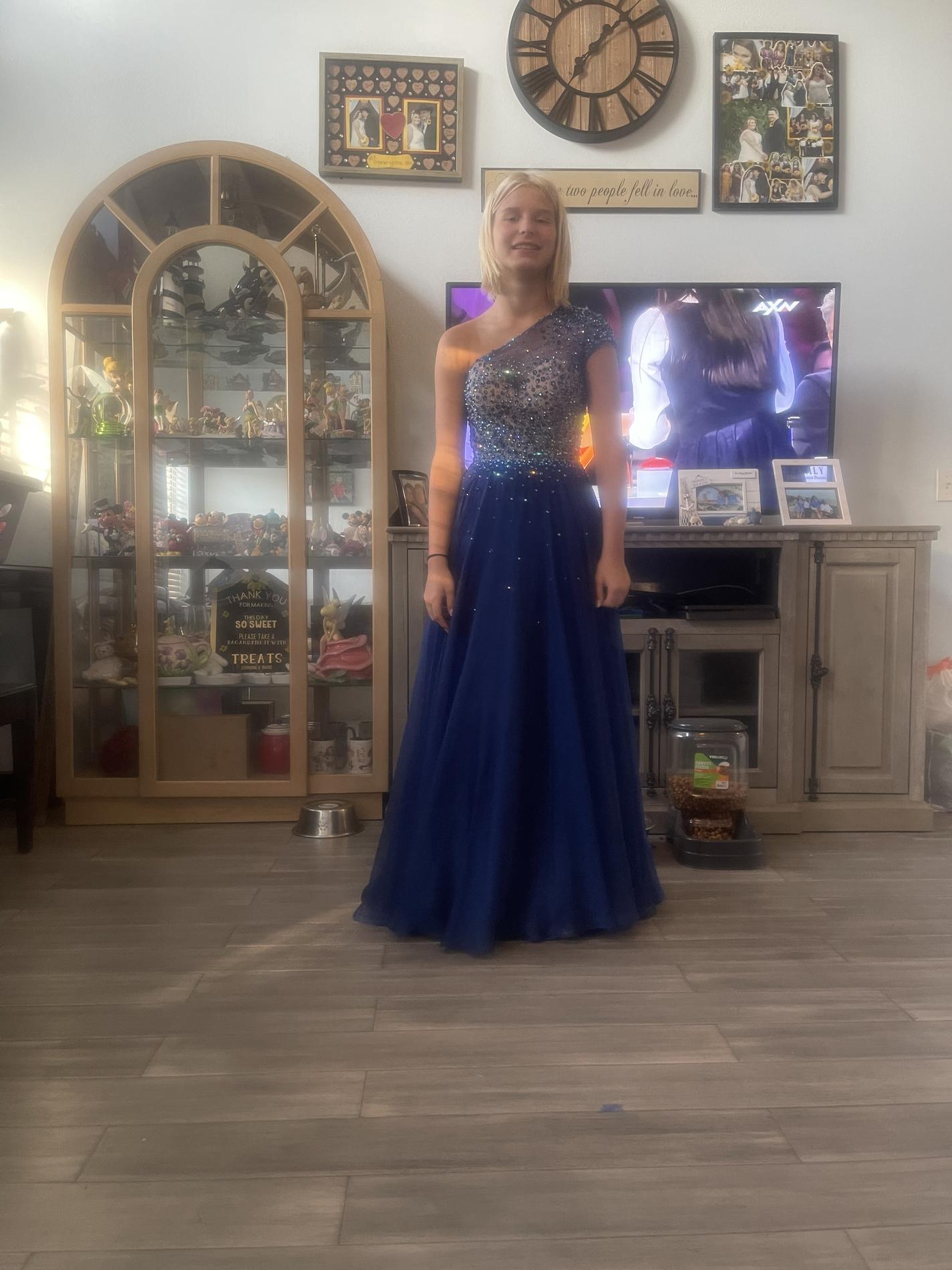 Size 0 Prom One Shoulder Sheer Navy Blue Ball Gown on Queenly