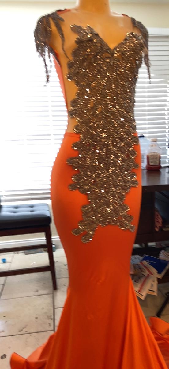 Size 2 Prom Cap Sleeve Sheer Orange Mermaid Dress on Queenly