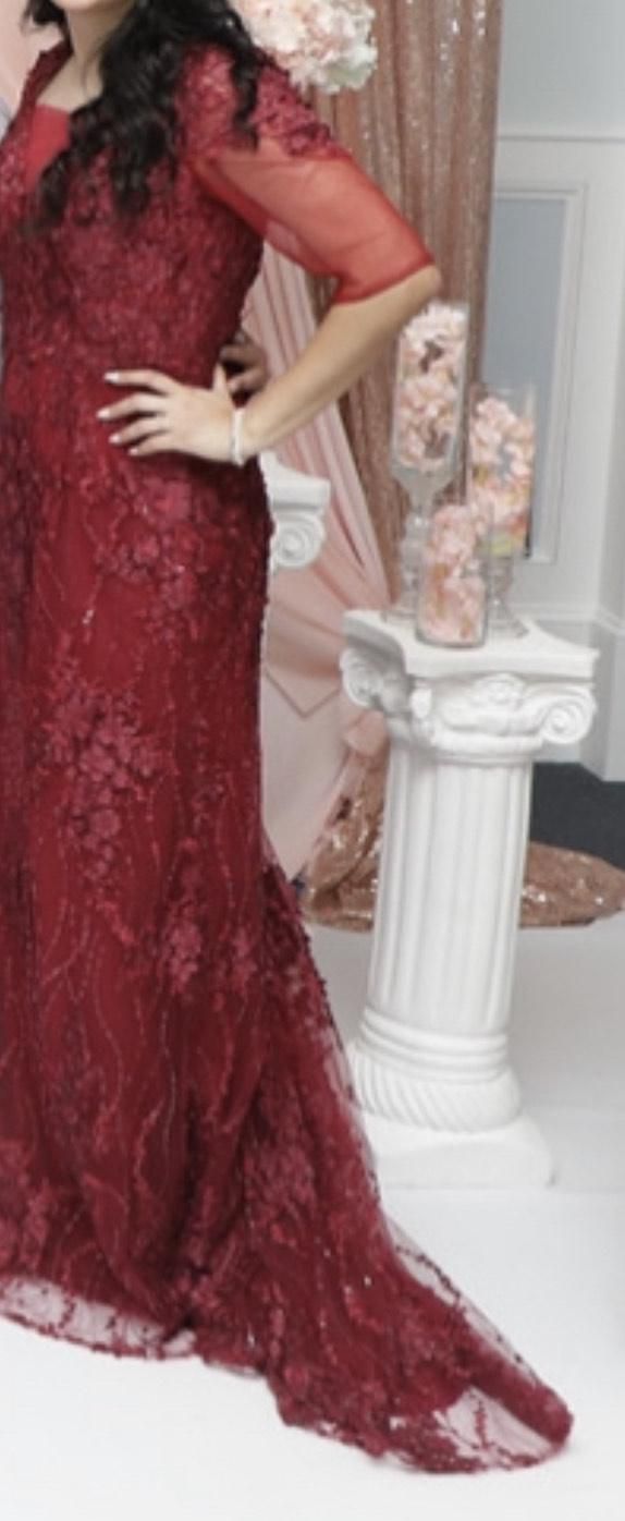 Size 8 Sheer Burgundy Red Ball Gown on Queenly