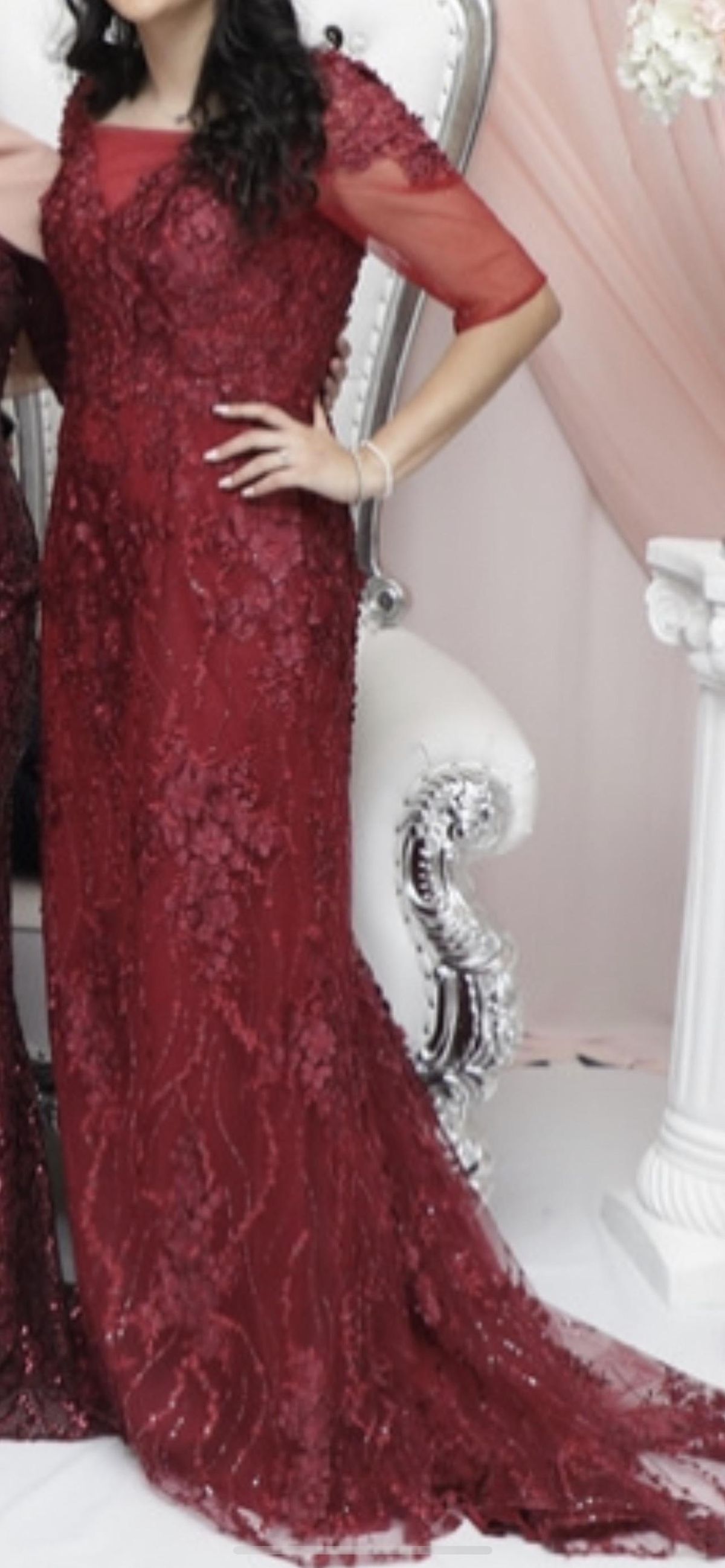 Size 8 Sheer Burgundy Red Ball Gown on Queenly