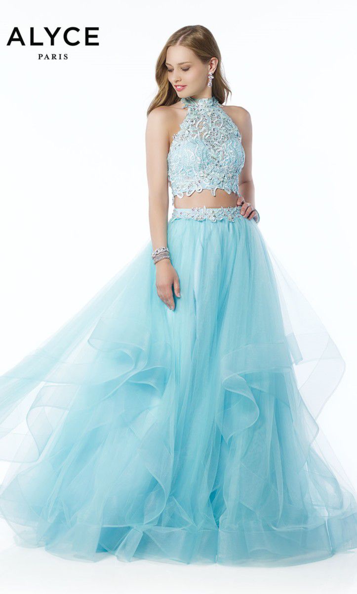 Style 6765 Alyce Paris Size 8 Prom Halter Lace Light Blue Ball Gown on Queenly