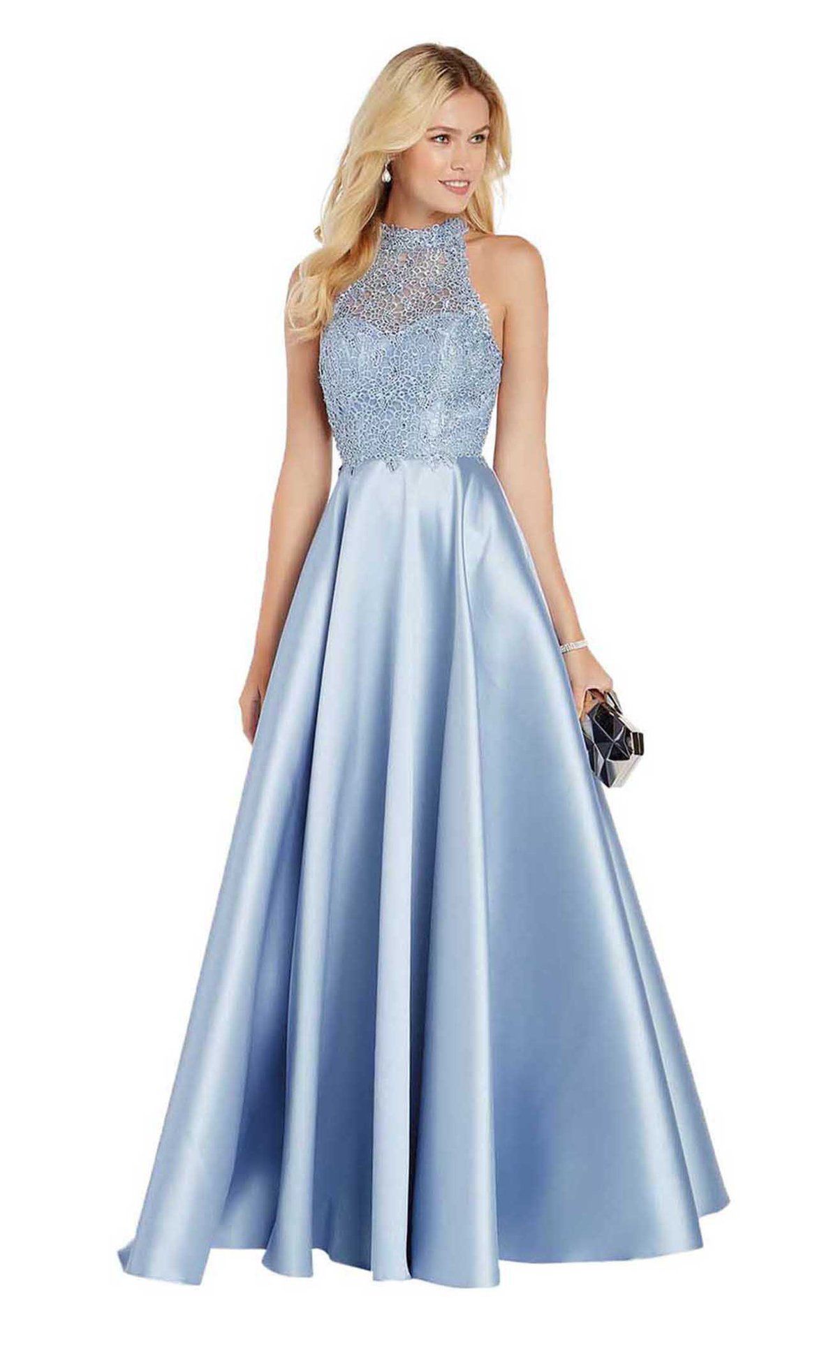 Style 60331 Alyce Paris Size 14 Bridesmaid Halter Sheer Blue Ball Gown on Queenly
