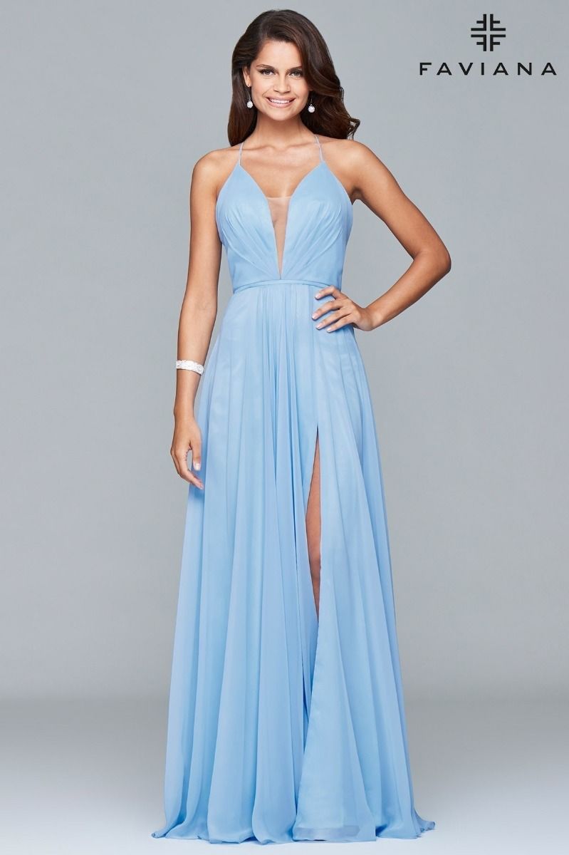 Style 7747 Faviana Size 8 Bridesmaid Sheer Light Blue Side Slit Dress on Queenly